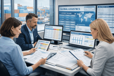 Logistics professionals managing cargo and freight routes in an International Shipping Course with containers, trucks and documents