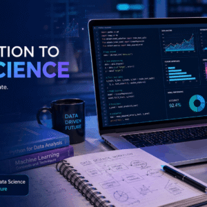 Introduction to Data Science showing Python coding, analytics charts, AI concepts, machine learning, and data visualisation.