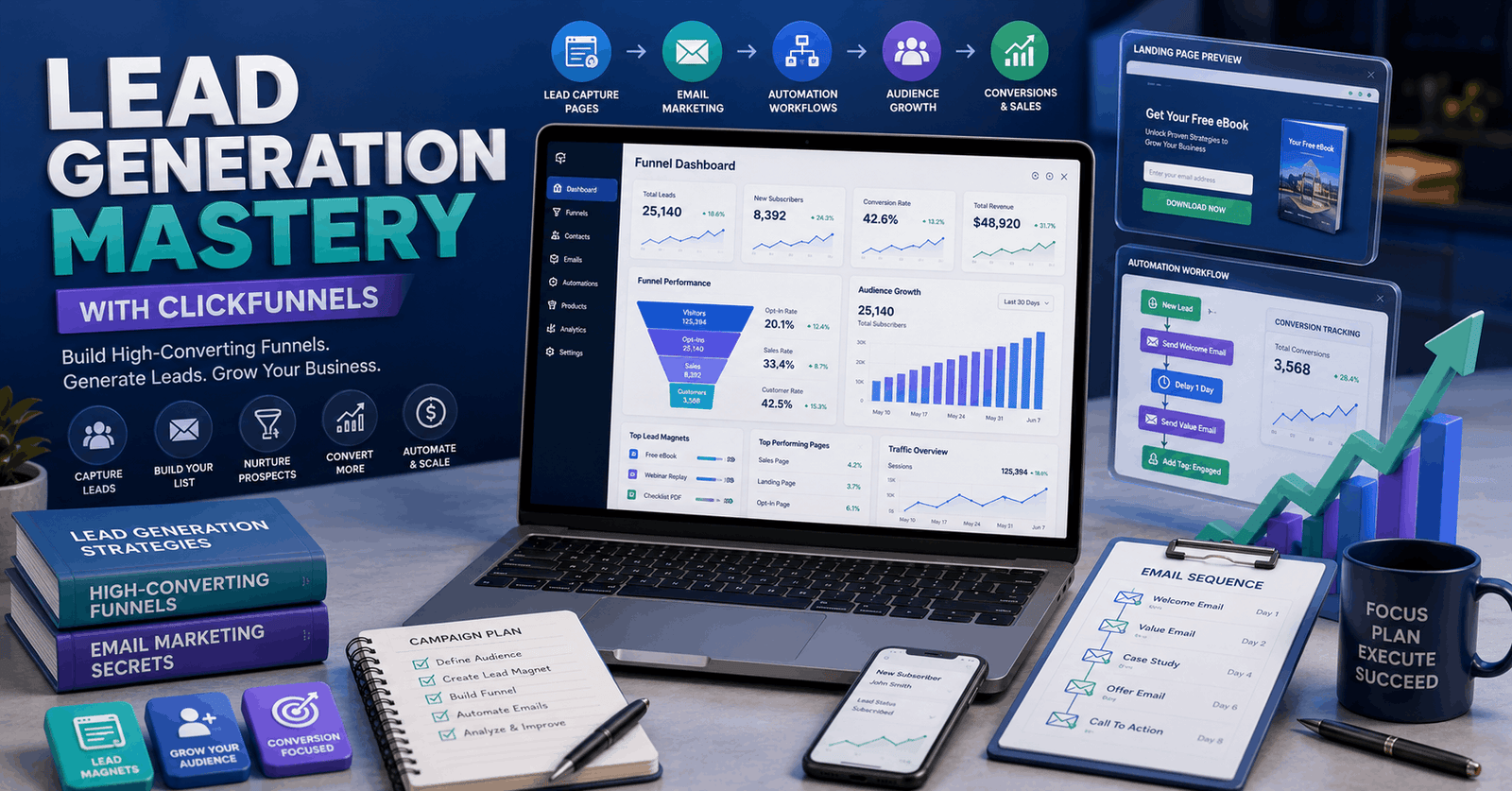 Lead Generation Mastery dashboard with ClickFunnels landing pages, email marketing, and lead conversion analytics.