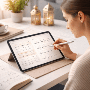 Student practising Arabic letters and words on a tablet in a learn Arabic language course environment