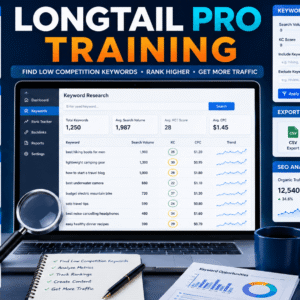 LongTail Pro Training dashboard showing keyword research, KC scores, rank tracking, and SEO analytics.