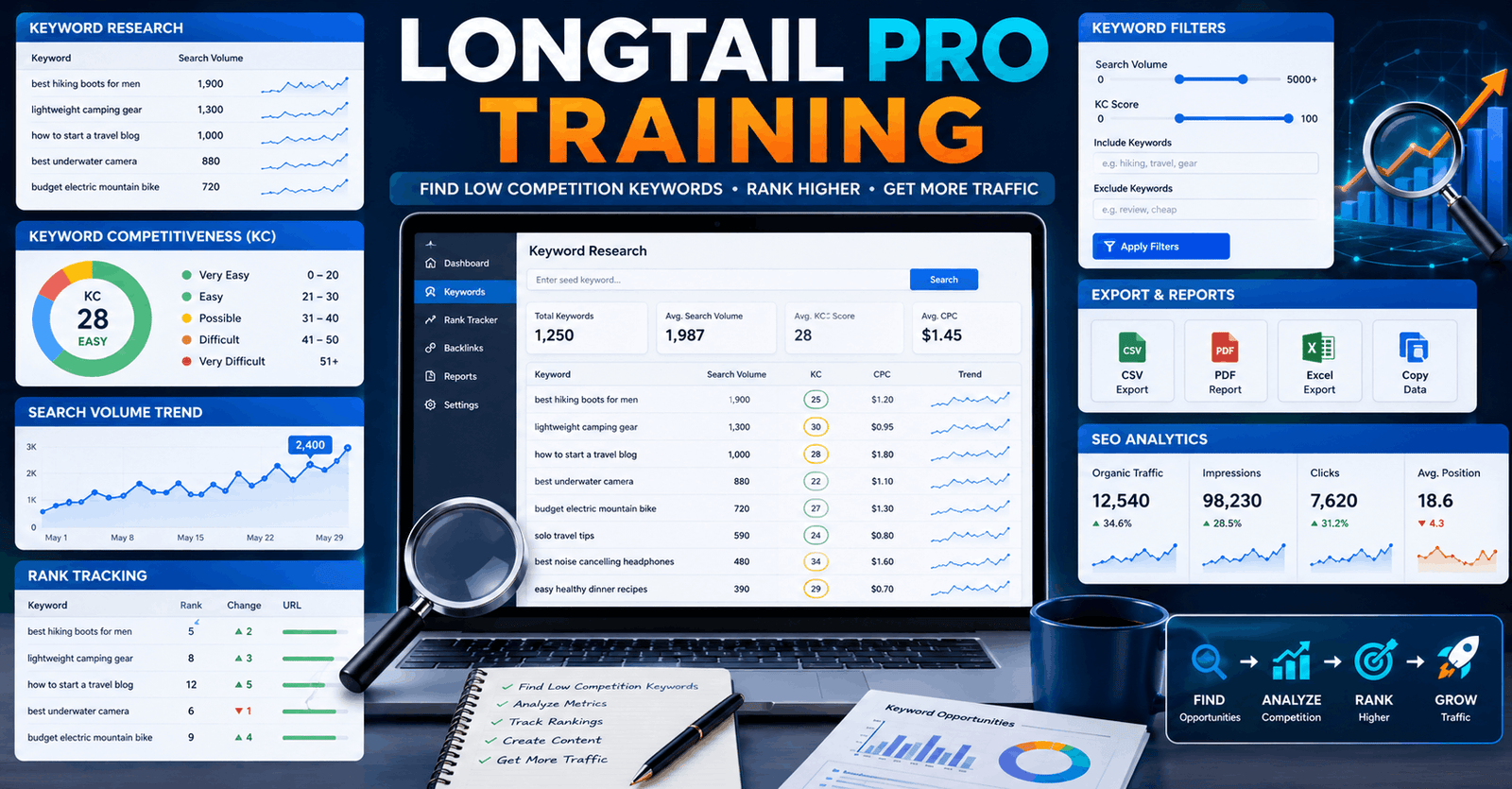 LongTail Pro Training dashboard showing keyword research, KC scores, rank tracking, and SEO analytics.