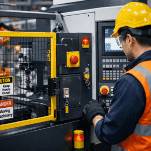 A factory worker using protective guards on machinery during machine guarding safety training in a modern industrial workspace.