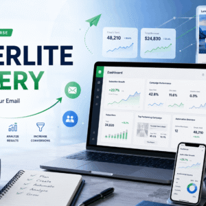 MailerLite Mastery course showing email automation, landing pages, subscriber growth, and campaign analytics dashboard.