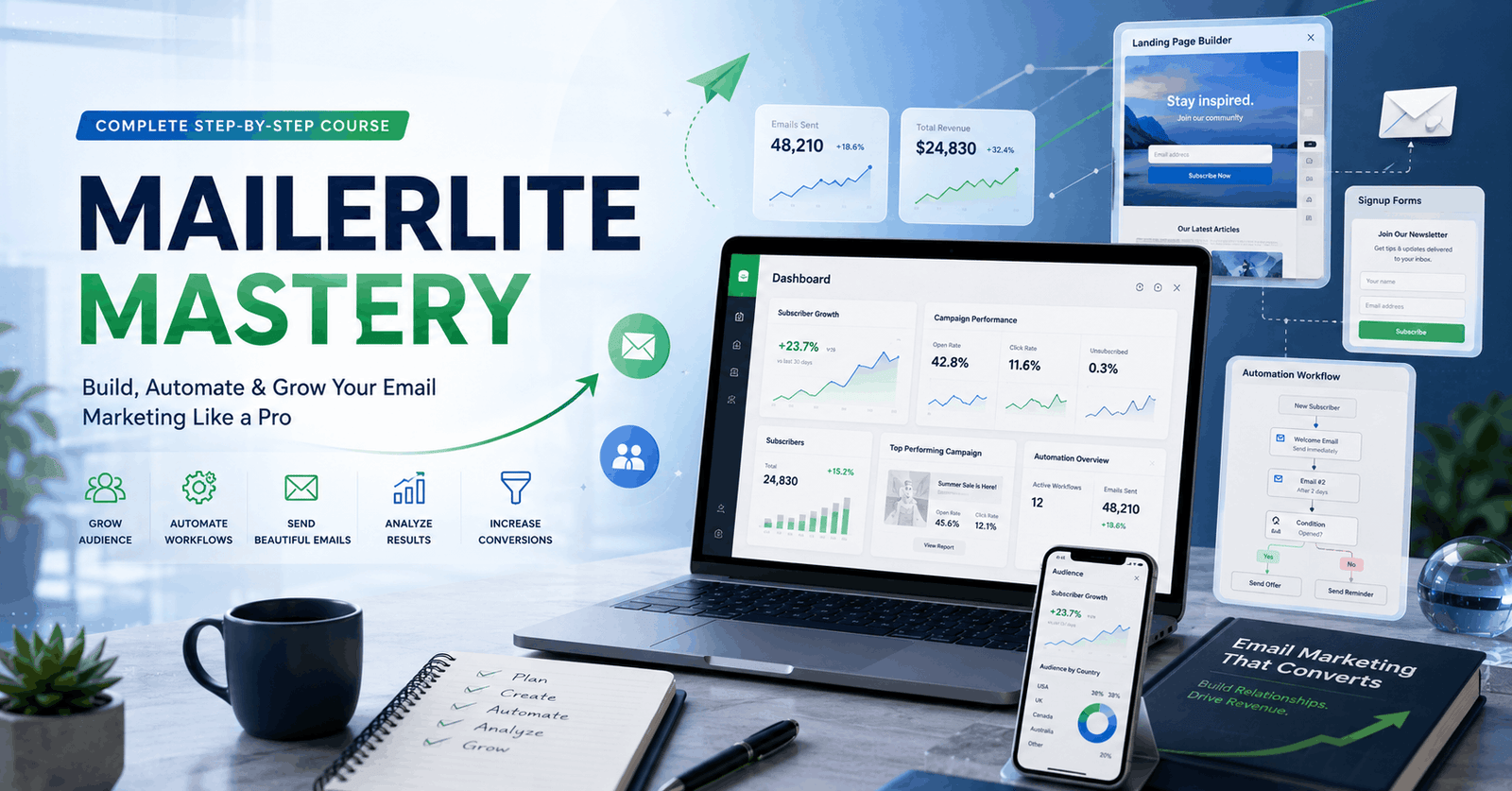 MailerLite Mastery course showing email automation, landing pages, subscriber growth, and campaign analytics dashboard.