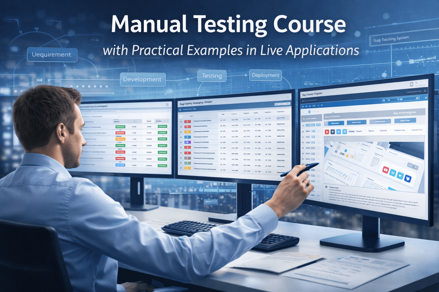 Student performing software quality checks on a live web application during a Manual Testing Course in a modern QA environment