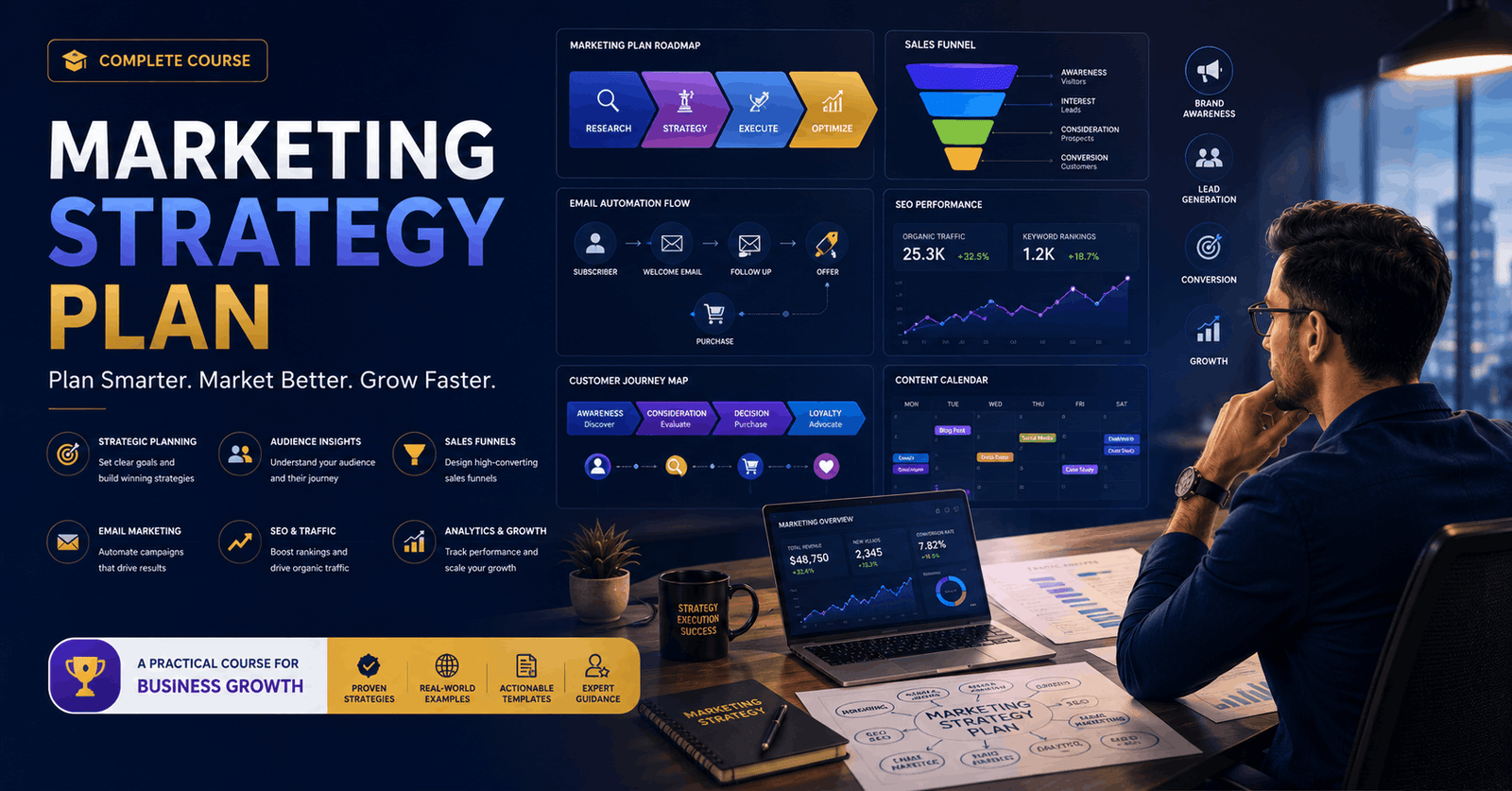 Marketing Strategy Plan course showing business planning, sales funnels, email campaigns, SEO, and growth strategies.