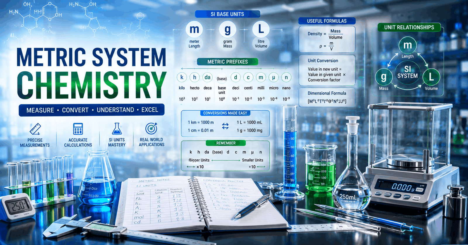 Metric system chemistry showing SI units, prefixes, measurement tools, and unit conversion concepts for students.