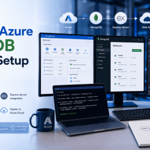 Microsoft Azure MongoDB setup dashboard with Express Server development environment and cloud database connection.