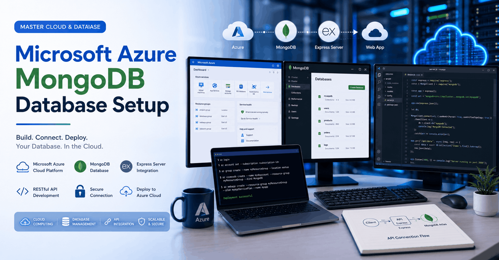 Microsoft Azure MongoDB setup dashboard with Express Server development environment and cloud database connection.