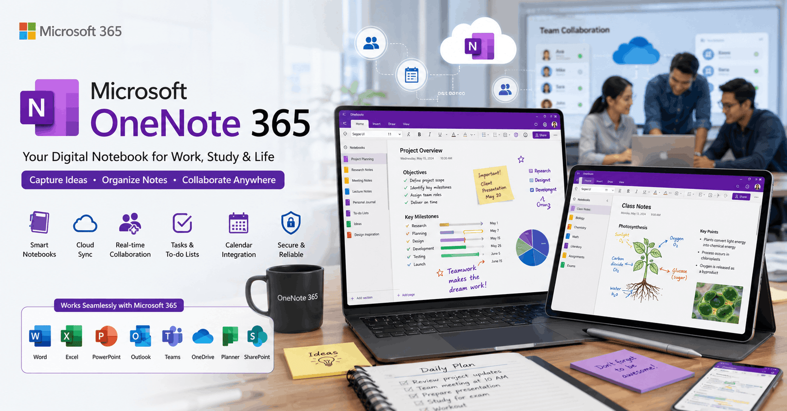 Microsoft OneNote 365 workspace showing notebooks, Microsoft 365 apps, collaboration tools, and productivity features.