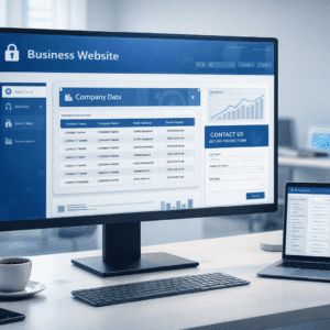 Modern business website built with Microsoft Power Pages showing secure forms, data views and professional layout on a digital screen