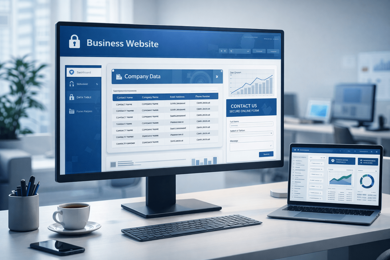 Modern business website built with Microsoft Power Pages showing secure forms, data views and professional layout on a digital screen