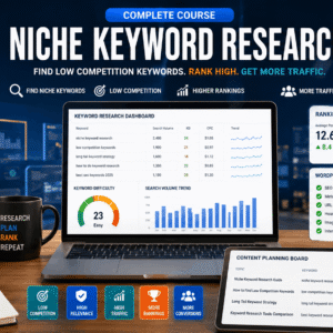 Niche Keyword Research dashboard with keyword analysis, search volume, long-tail keywords, and SEO optimisation tools.