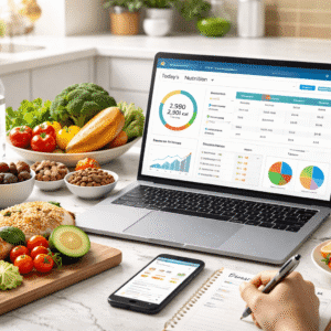 Nutrition meal planning course showing healthy meals, calorie tracking and macronutrient charts on a modern desk
