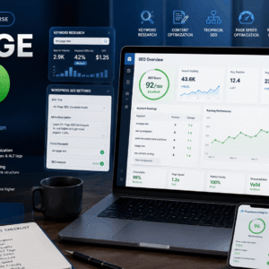 On-Page SEO course showing website optimisation, keyword research, image SEO, and search engine ranking analytics.