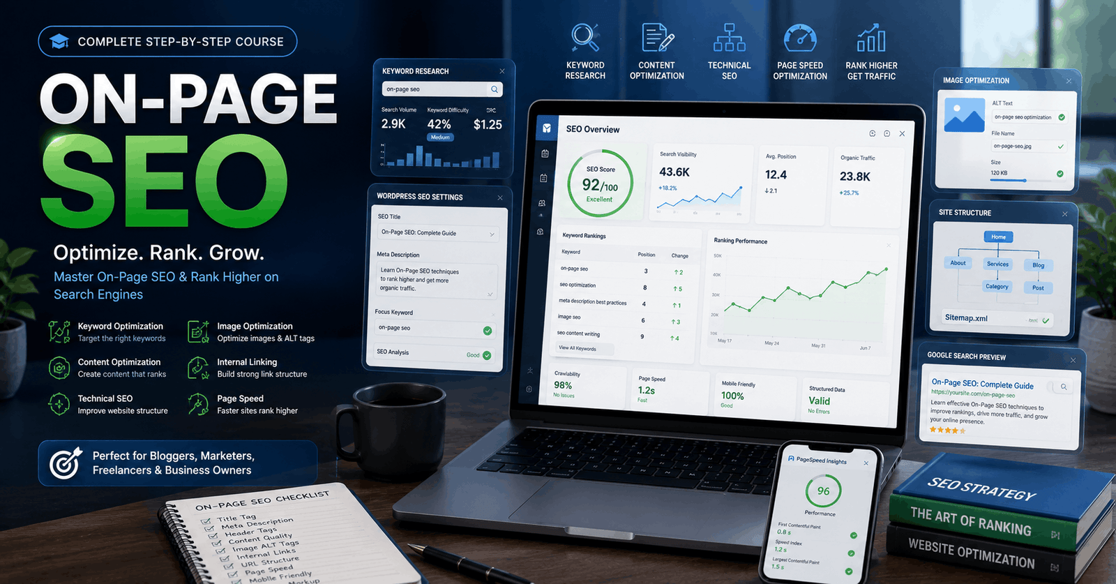 On-Page SEO course showing website optimisation, keyword research, image SEO, and search engine ranking analytics.