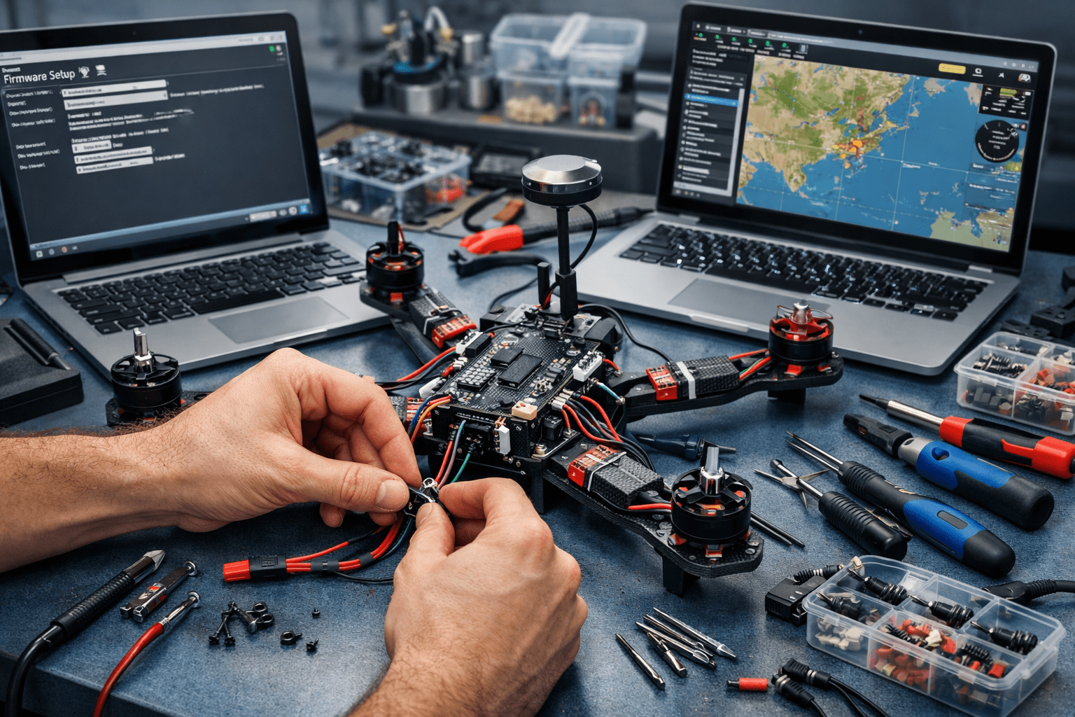 Open source drone being assembled with motors, flight controller and wiring on a modern electronics workbench