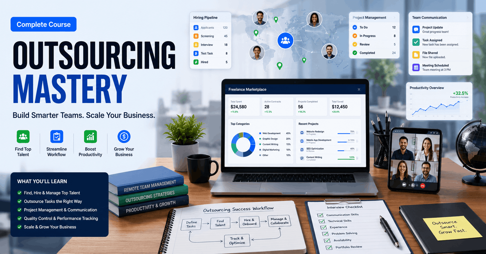 Outsourcing Mastery course featuring freelance hiring, project management, remote teams, and productivity dashboards.