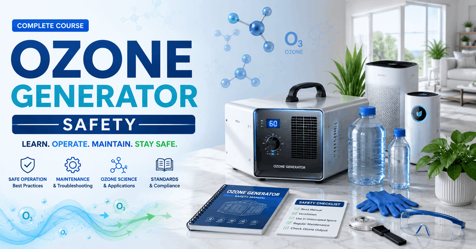 Ozone Generator Safety course showing a home ozone device, air purification setup, and maintenance tools in a clean environment.
