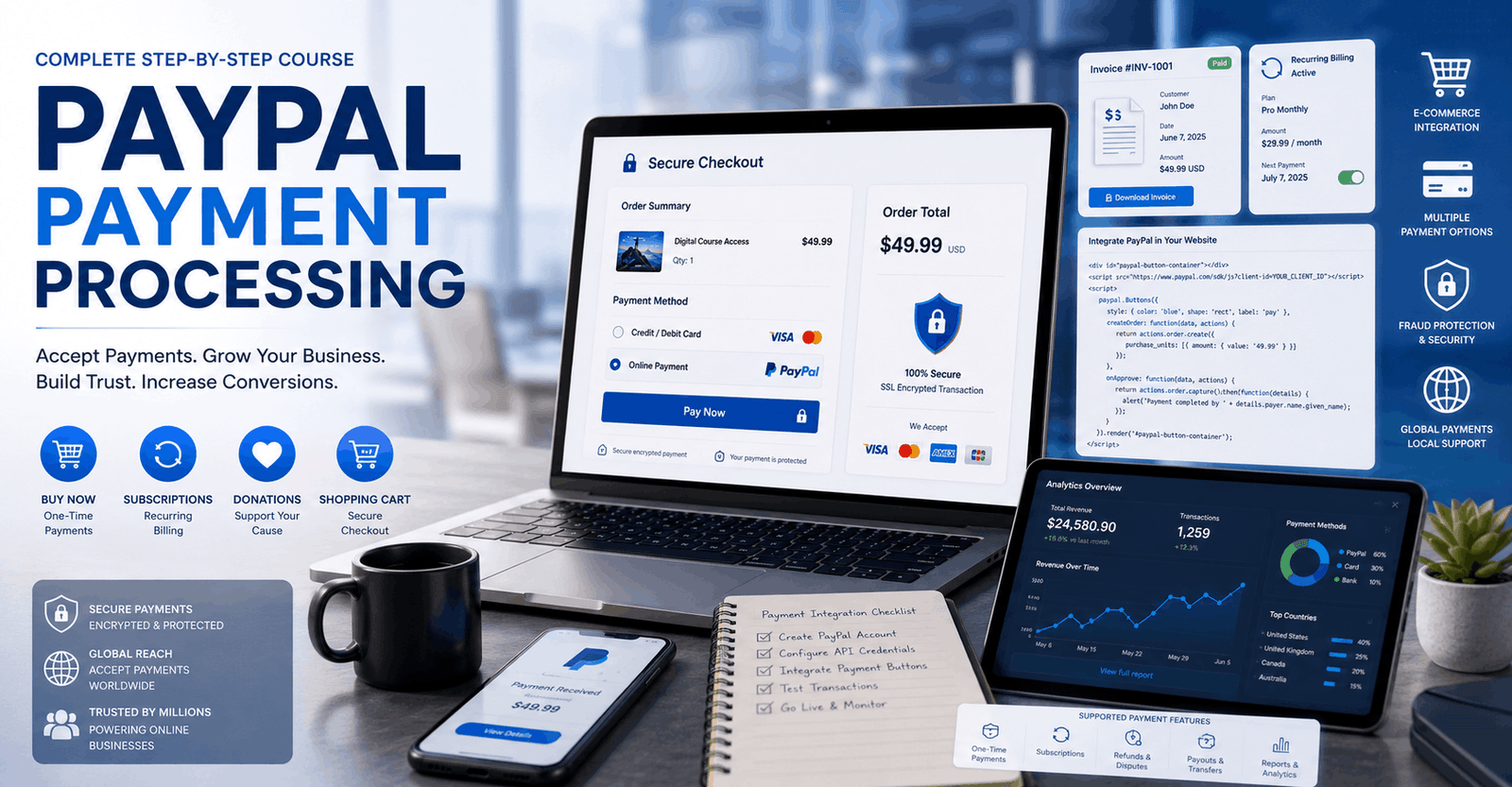 PayPal Payment Processing course showing online payments, checkout buttons, invoices, and secure payment management.
