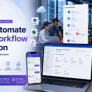 Power Automate Teams workflow automation showing Microsoft Flow, digital processes, integrations, and productivity tools.