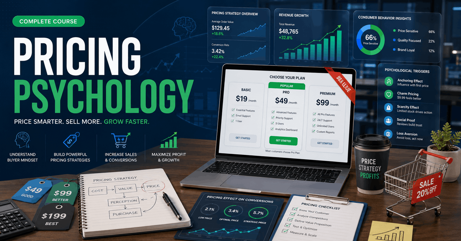 Pricing Psychology course showing pricing strategies, consumer behaviour analytics, discounts, and sales optimisation dashboard.