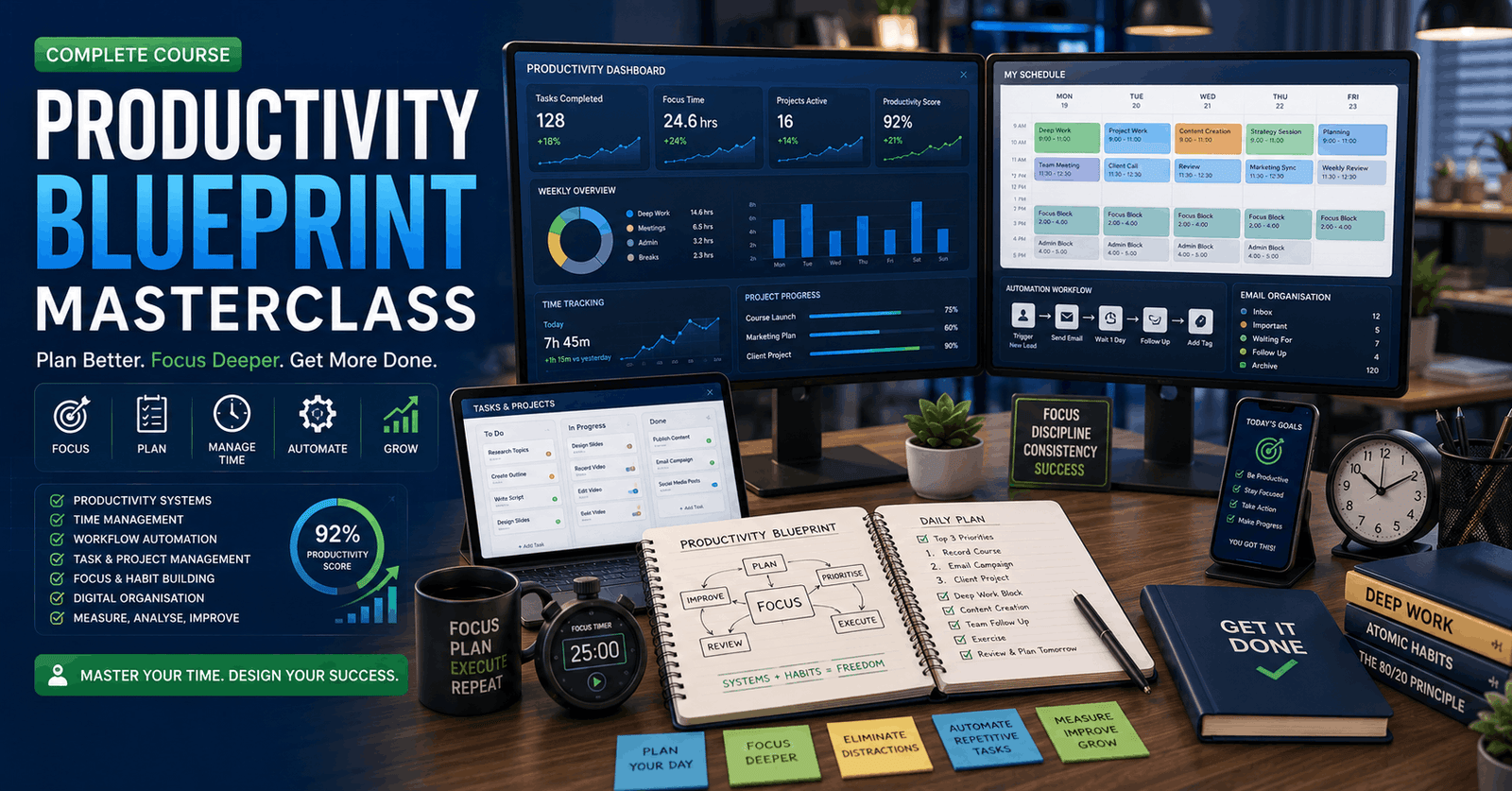 Professional applying a Productivity Blueprint with task planning, time management, automation tools, and focused work strategies.