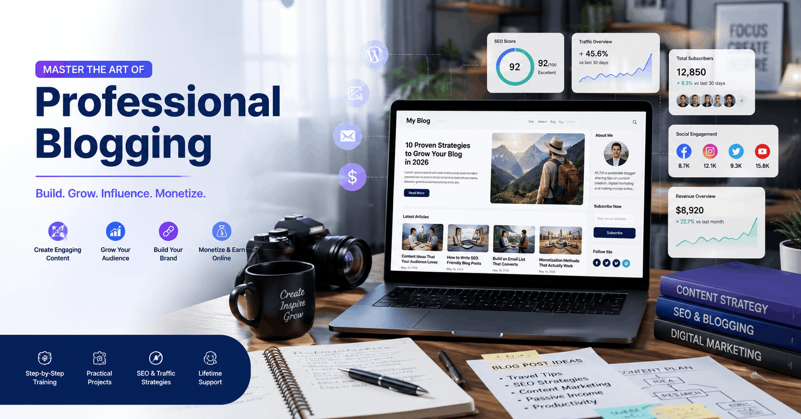 Professional Blogging workspace showing content creation, SEO tools, audience growth analytics, and monetisation strategies.