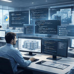 Python for Revit automation showing scripts, Revit models, and custom tools running inside a professional BIM workspace