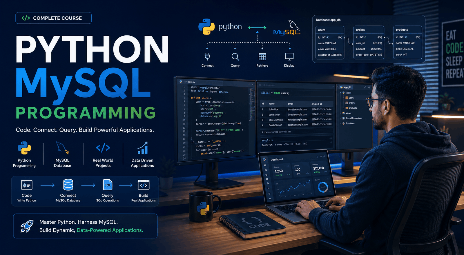 Python MySQL Programming training showing Python code, databases, SQL queries, and software development concepts.