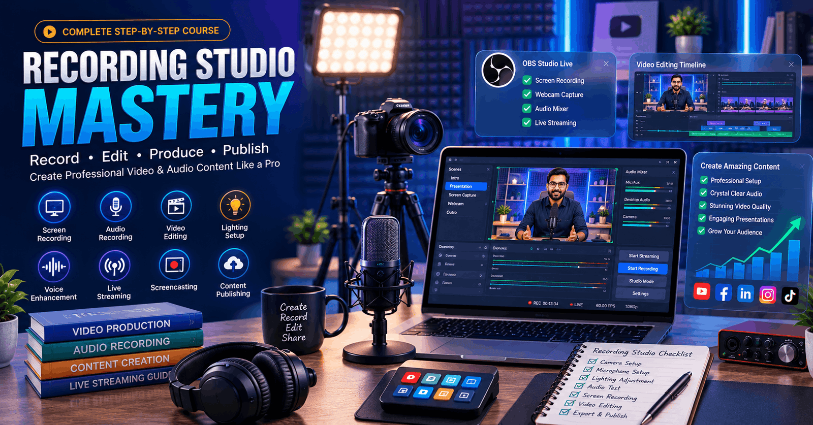 Recording Studio Mastery setup with camera, lighting, microphone, OBS software, and professional video editing workspace.