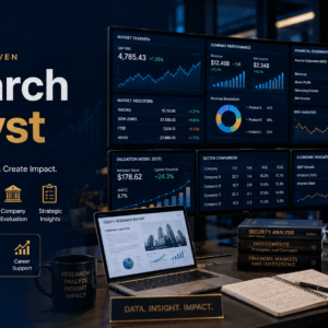 Research Analyst course showing market research, valuation models, financial charts and company analysis reports.