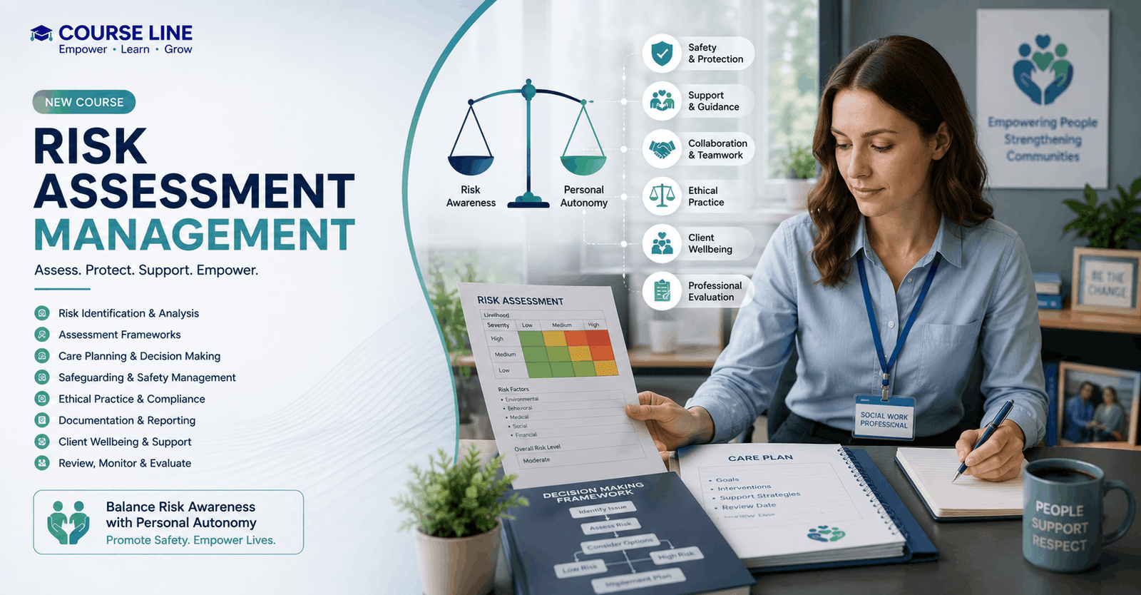 Risk Assessment Management course showing social work practice, safety planning, risk models and professional decision-making.