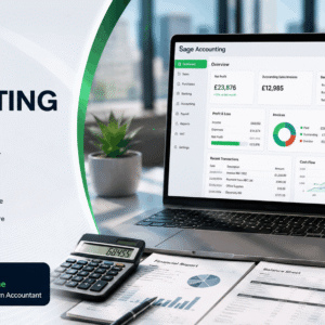 Sage Accounting Online dashboard showing financial reports, invoices, VAT, payroll, and accounting management tools.