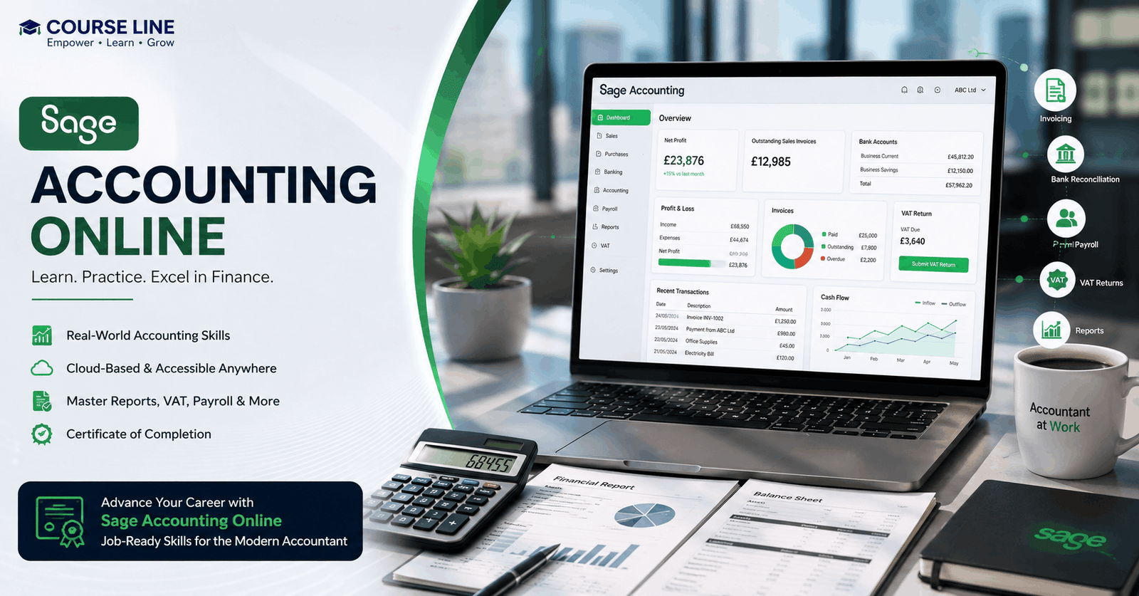 Sage Accounting Online dashboard showing financial reports, invoices, VAT, payroll, and accounting management tools.