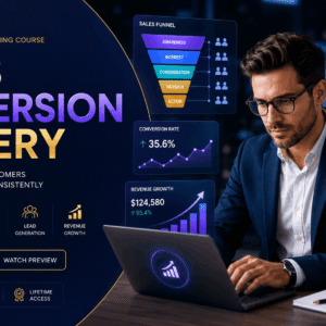 Sales Conversion Mastery training showing sales funnels, leads, email marketing, and customer conversion strategies.