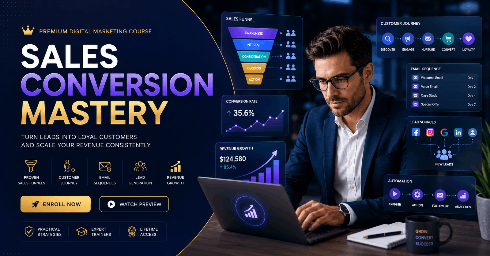 Sales Conversion Mastery training showing sales funnels, leads, email marketing, and customer conversion strategies.