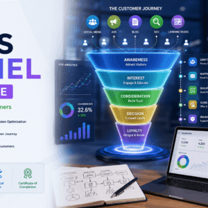 Sales Funnel Course showing marketing funnel stages, leads, customer journey, conversions, and business growth strategy.