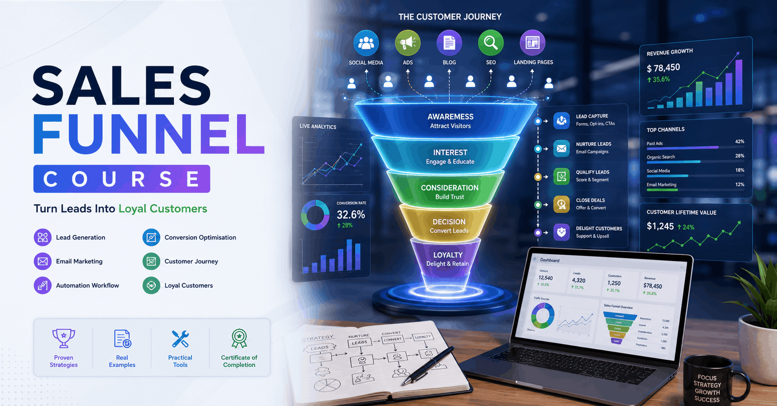 Sales Funnel Course showing marketing funnel stages, leads, customer journey, conversions, and business growth strategy.