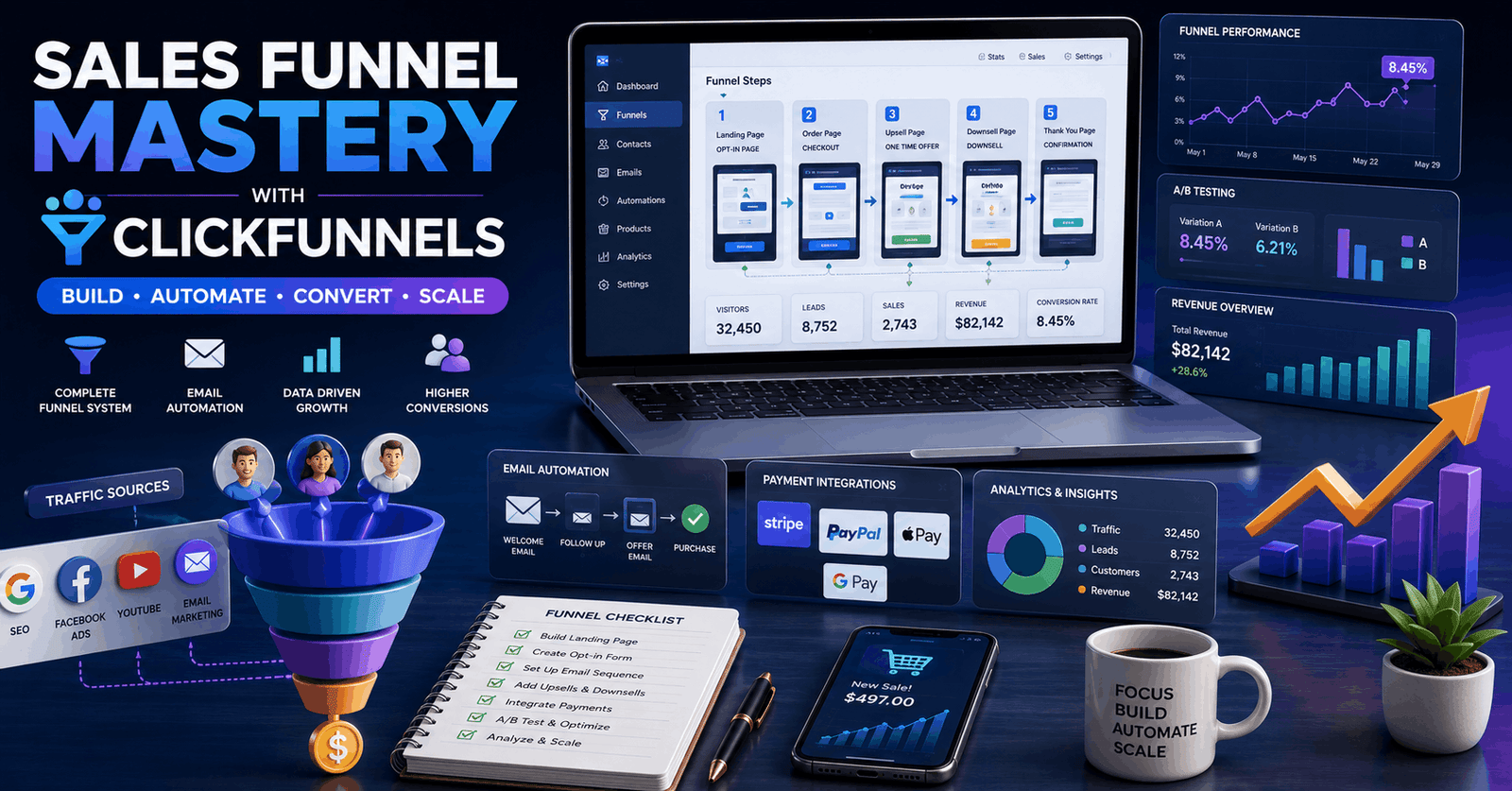Sales Funnel Mastery dashboard showing ClickFunnels sales funnel, automation, email marketing, and conversion growth.