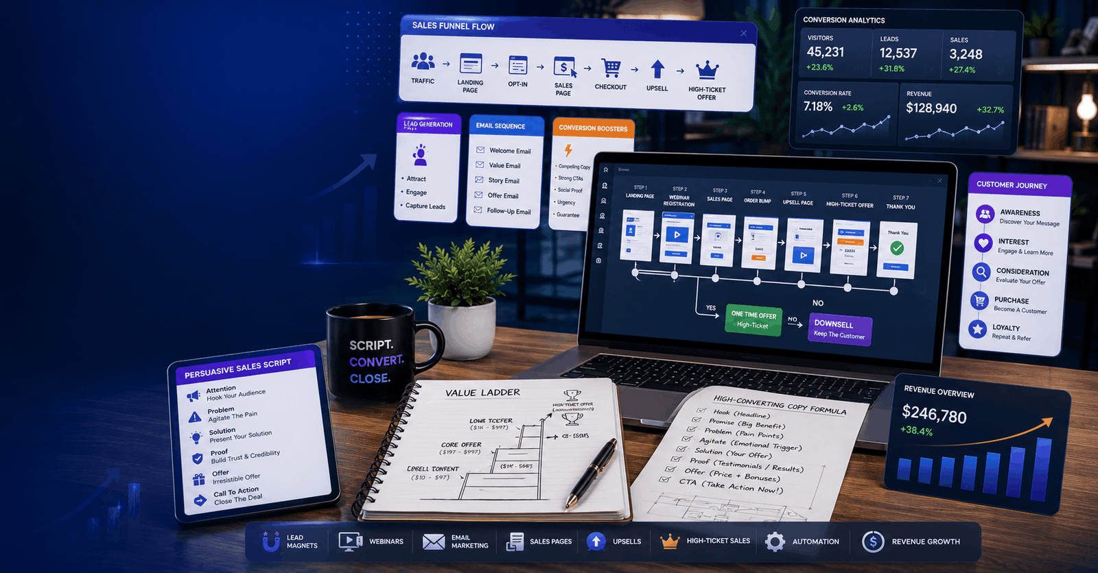 Sales Funnel Scripts illustrated with funnel stages, persuasive copy, webinar strategy, and conversion optimisation dashboard.