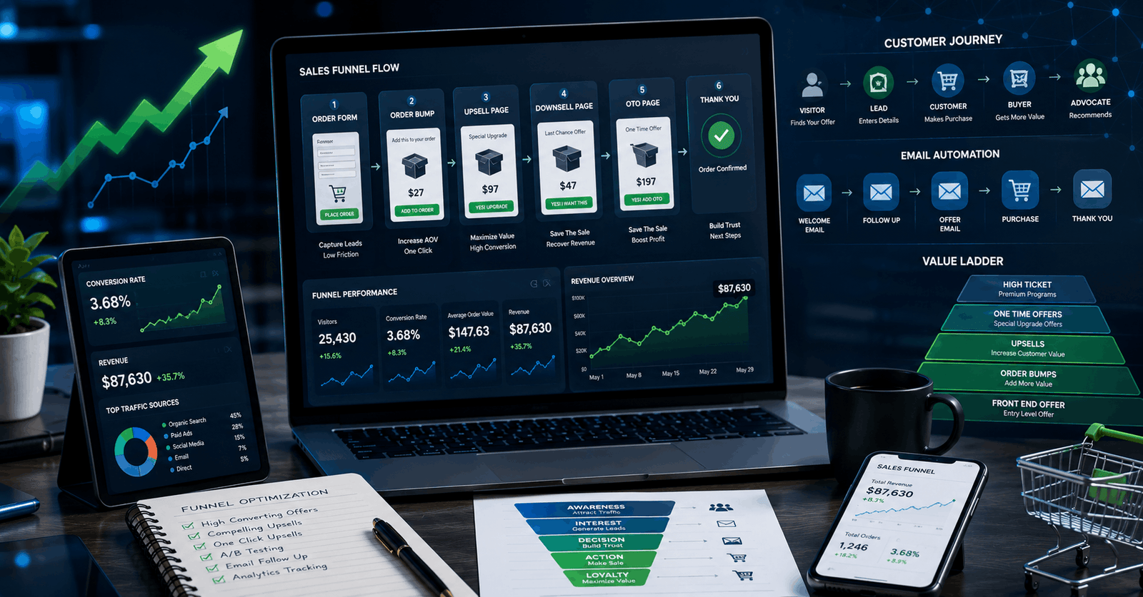Sales Funnel Upsells course featuring conversion funnels, OTO pages, email automation, and revenue growth analytics.