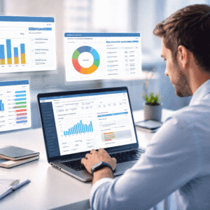 Salesforce Reports Training course showing a professional CRM dashboard with charts, filters, and sales performance metrics