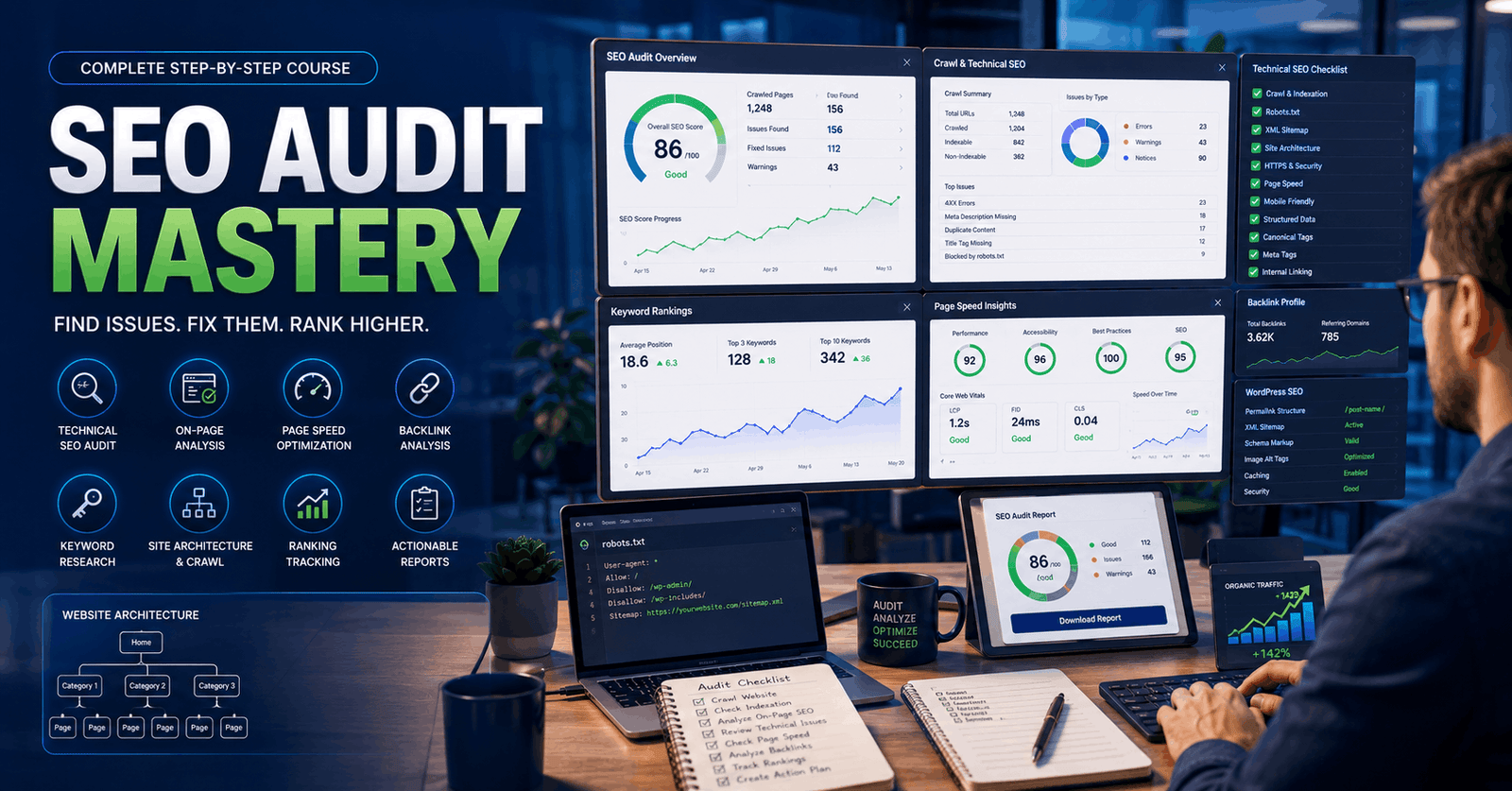 Professional performing an SEO Audit using Screaming Frog, keyword research tools, and WordPress optimisation dashboards.