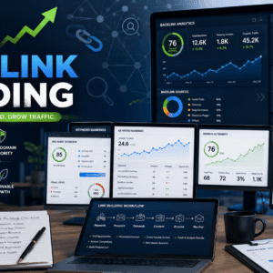 SEO Backlink Building course featuring link building strategies, analytics dashboard, backlinks, and search ranking optimisation.
