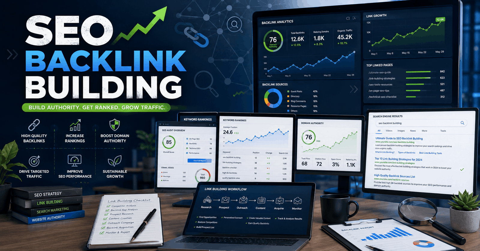 SEO Backlink Building course featuring link building strategies, analytics dashboard, backlinks, and search ranking optimisation.