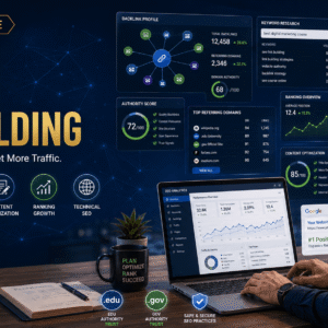 SEO professional analysing SEO Link Building strategies with backlinks, keyword research tools, and ranking analytics.
