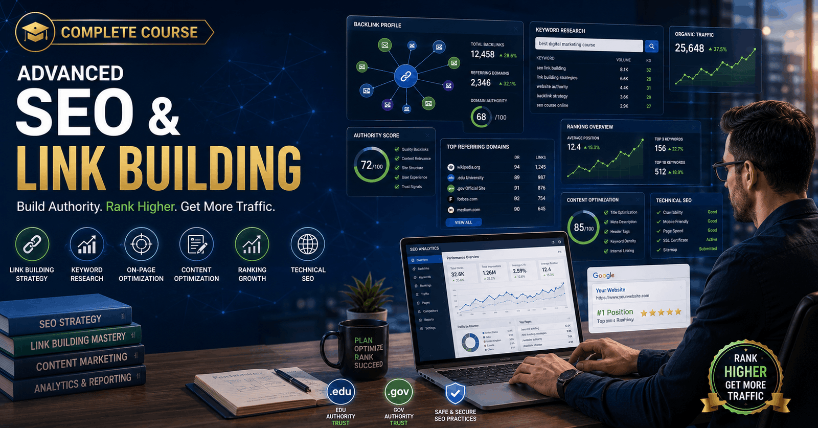 SEO professional analysing SEO Link Building strategies with backlinks, keyword research tools, and ranking analytics.