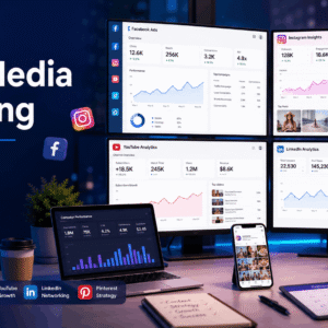 Social Media Marketing dashboard showing Facebook, Instagram, YouTube, ads, funnels, analytics, and campaign growth strategies.